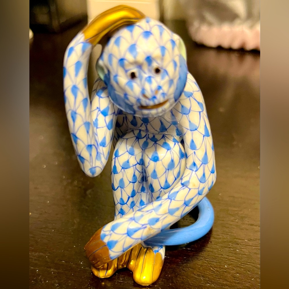 Vintage Herend Handpainted from Germany Blue Fishnet Porcelain Monkey